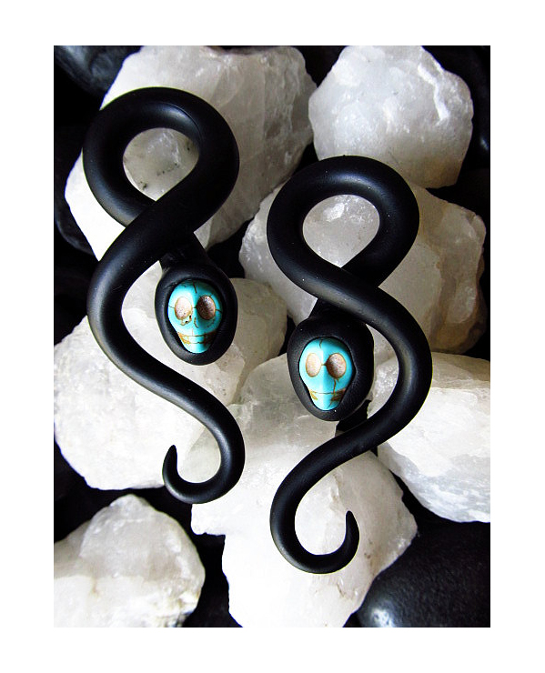 Black with Skull Gauges Ear Plugs Close Custom Jewellery