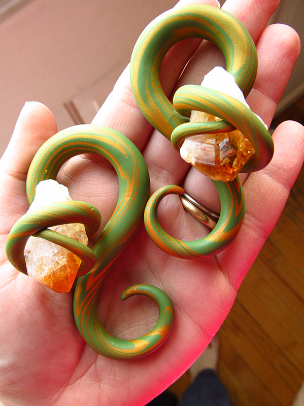 Green and Yellow Ear Plugs Close Custom Jewellery
