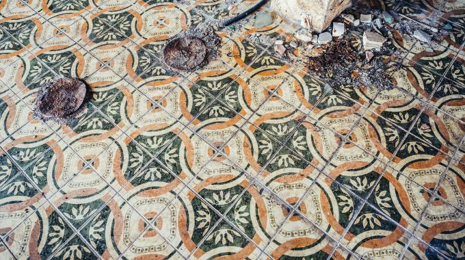 tiled floor in abandoned hotel in former Tourist Complex of Kupari village Croatia